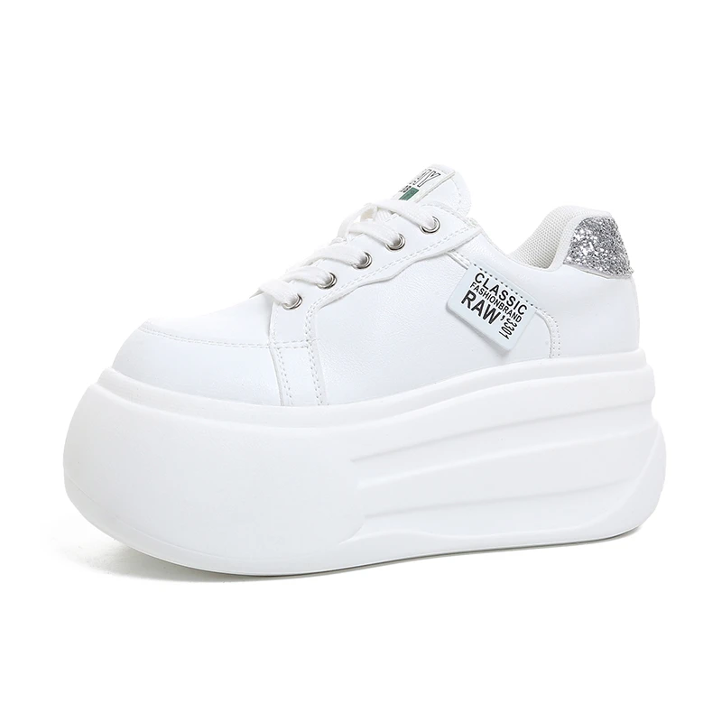 Chaussures décontractées pour femmes à plateforme vulcanisée de 7 cm, en cuir microfibre respirant, à semelle épaisse, pour l'automne, blanches, pour la marche et le sport