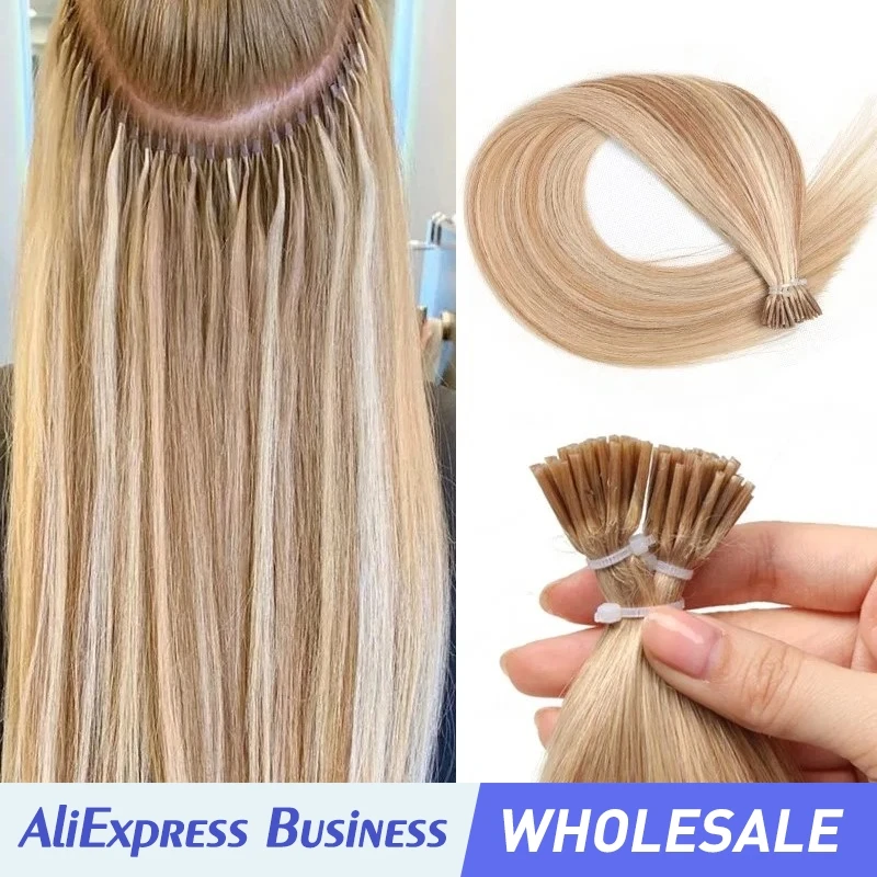 Wholesales I-Tip Hair Extensions Natural Real Human Hair Cold Fusion Pre-Bonded Micro Beads Hair Capsules Micro Link Hair