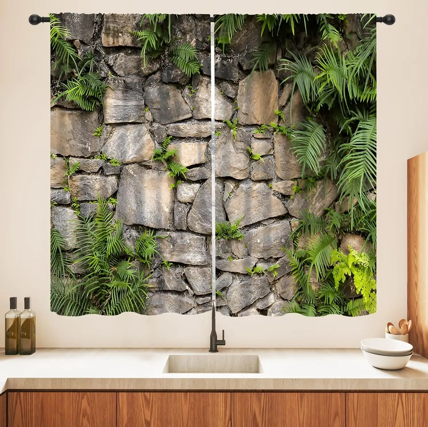 Retro Stone Brick Wall Blackout Curtain,Country Rocks Brown Brick Wall Green Leaves Plant Rod Pocket Drapes Window Treatments