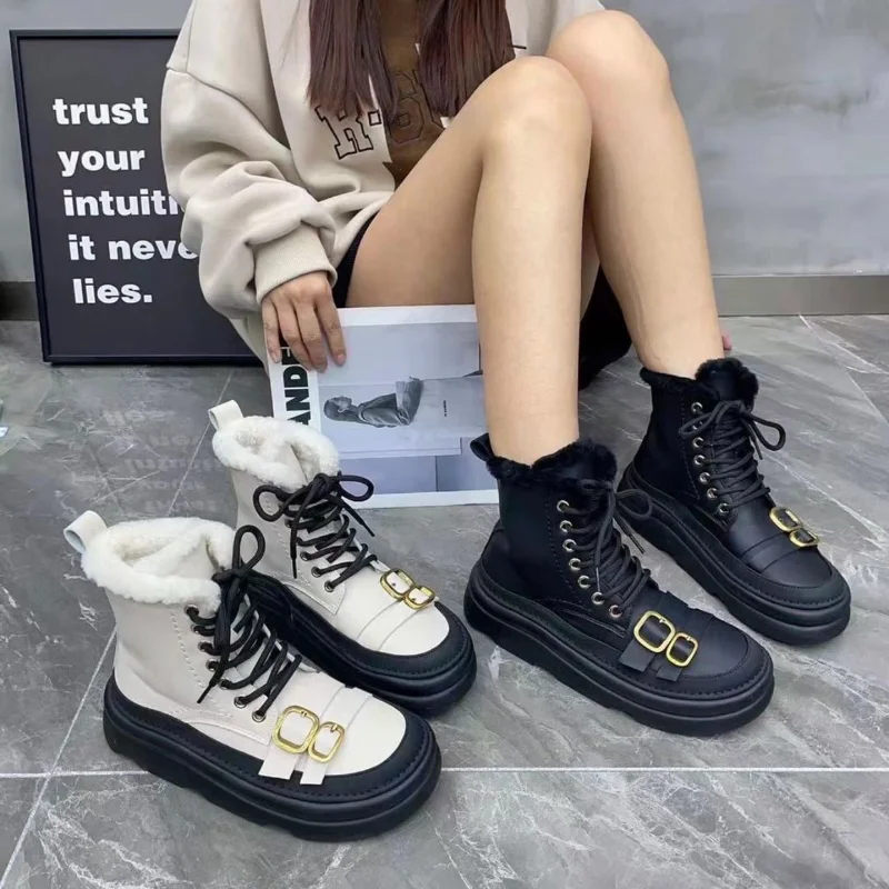 Black Short Barrel Booties Low Flat Footwear Snow Boots Woman Winter 2024 Ankle Furry Silver Leather and Fur Shoes for Women Hot