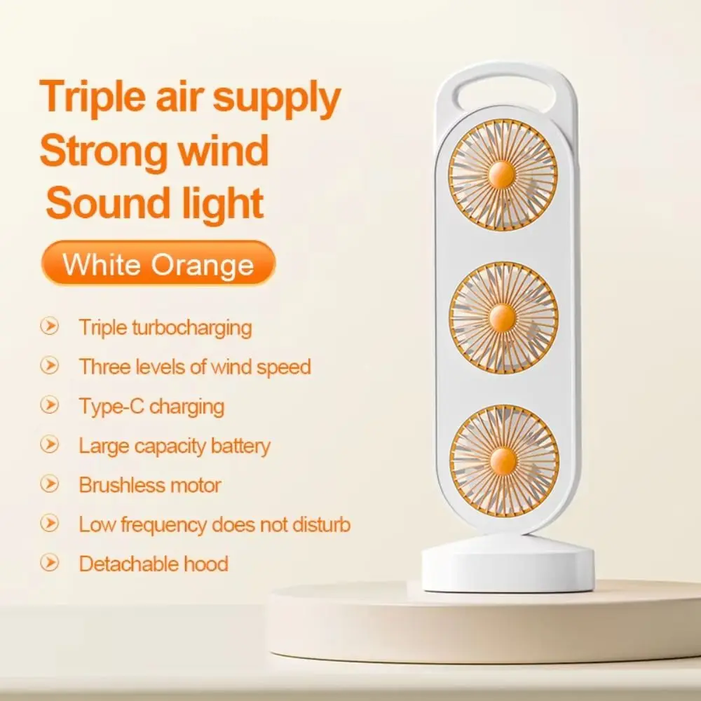 3-Head Desktop Fan USB Type-C 3 Speed Settings Portable Cooling Fan Triple Turbine Design Long Battery Life Turbine Desktop Fan