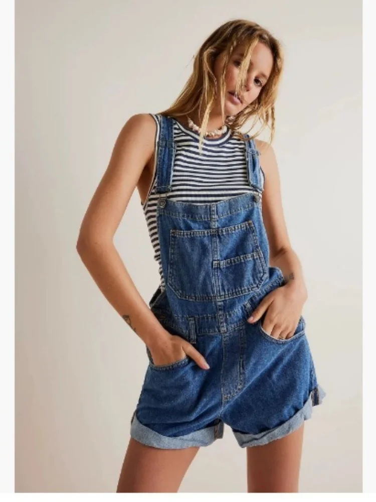 

Женские джинсовые комбинезоны с нагрудником, шорты с регулируемыми бретелями, комбинезон с карманами, повседневные комбинезоны с закатанными манжетами