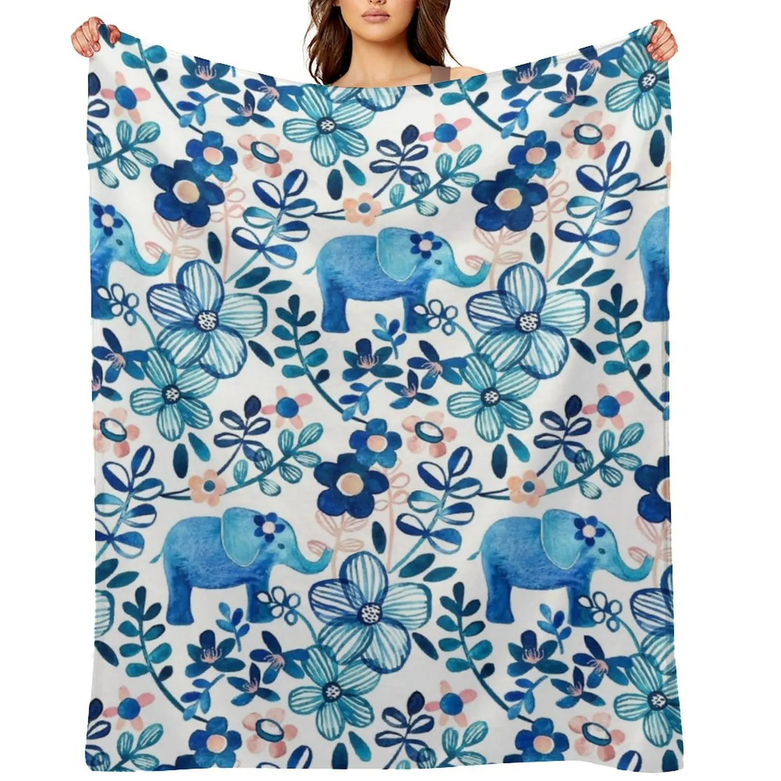

Blush Pink, White and Blue Elephant and Floral Watercolor Pattern Throw Blanket blankets ands Luxury Hair Thin Blankets