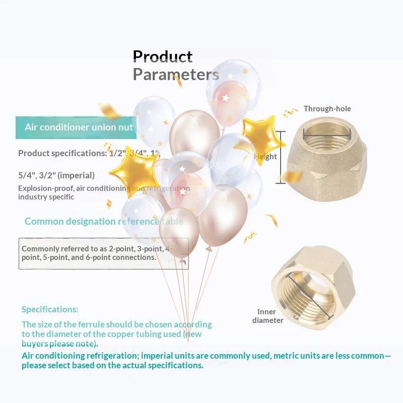 Brass Flare Tube Fitting Nut Thickened Corrosion Resistant 5 Sizes for Air Conditioner HVAC System Repair Parts