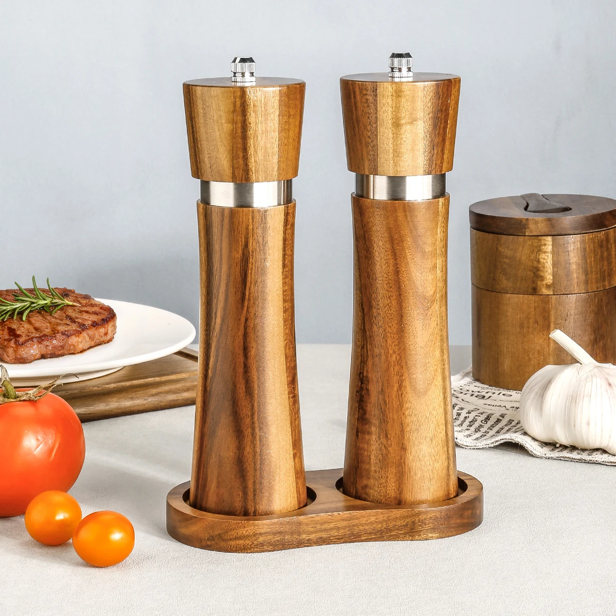 1 Stück Pfeffermühle aus Akazienholz, Manuelle Gewürzmühle aus Massivholz mit Edelstahlring für Pfeffer, Meersalz und Gewürze