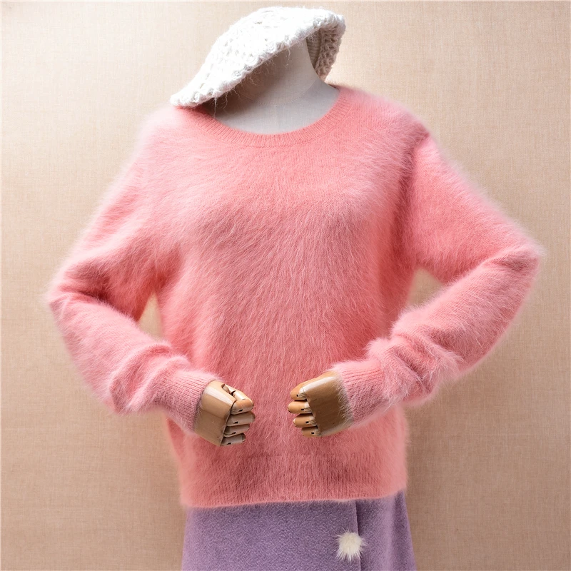 Ladies Women Autumn Winter Pink Hairy Angora Rabbit Hair Knitted Crop O-Neck Long Sleeves Slim Blouse Pullover Sweater Pull Top