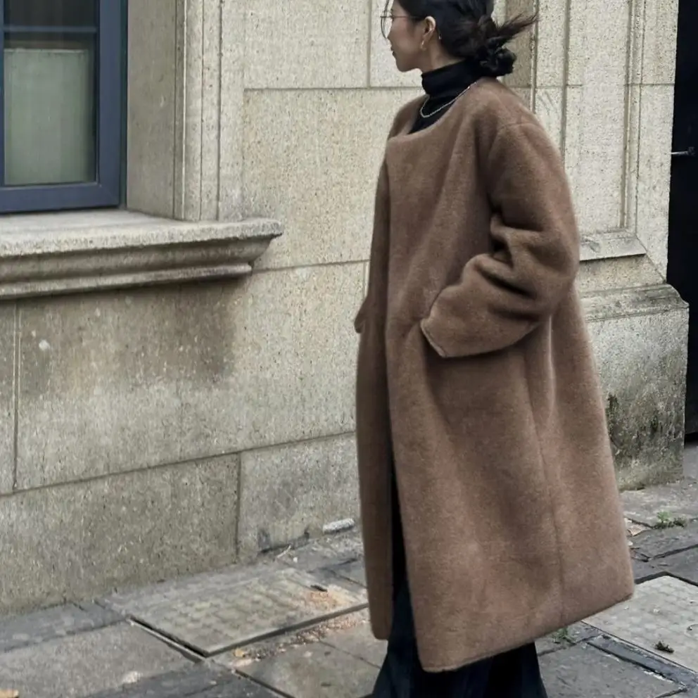 Jaket Mantel Panjang Bulu Imitasi Wanita, Mantel Leher Bulat Maxi, Jaket Streetwear Y2k Tebal Hangat, Jaket Kerja Kasual Elegan Longgar Musim Gugur Musim Dingin