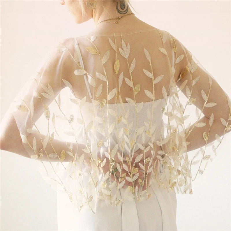 Bridal Wedding Capes Bolero Gold Leaves Sparkly Sequins Starry Women for Evening Party Shawl Tops Cover Embroidered Lace Tulle