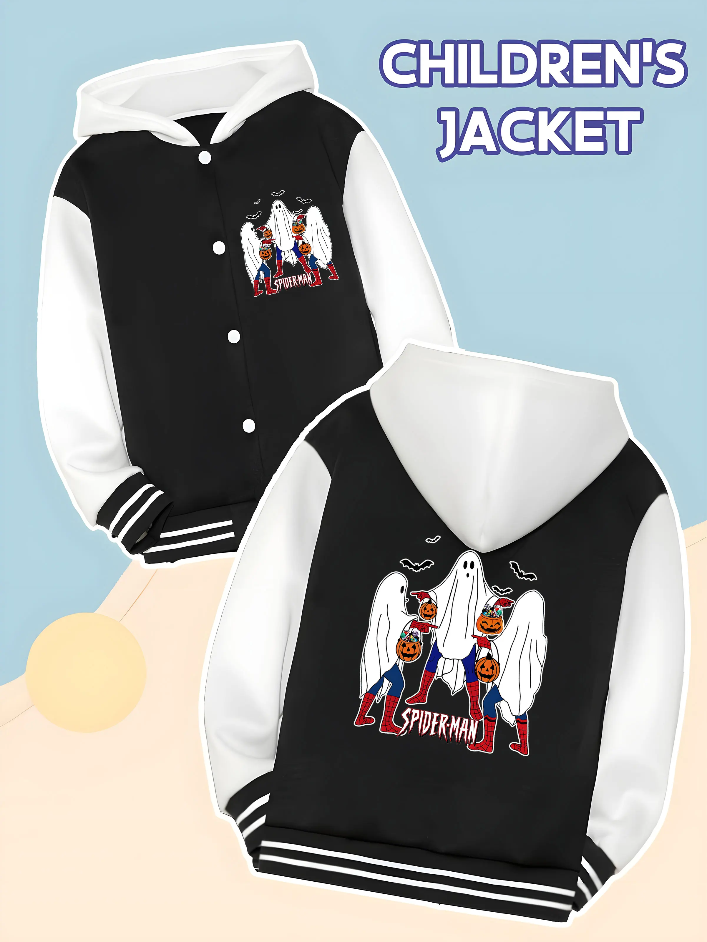 

MINISO Marvel Spider-Man Halloween Boys Baseball Jacket - Spider-Man Halloween creative print, double-sided to convey a funny at