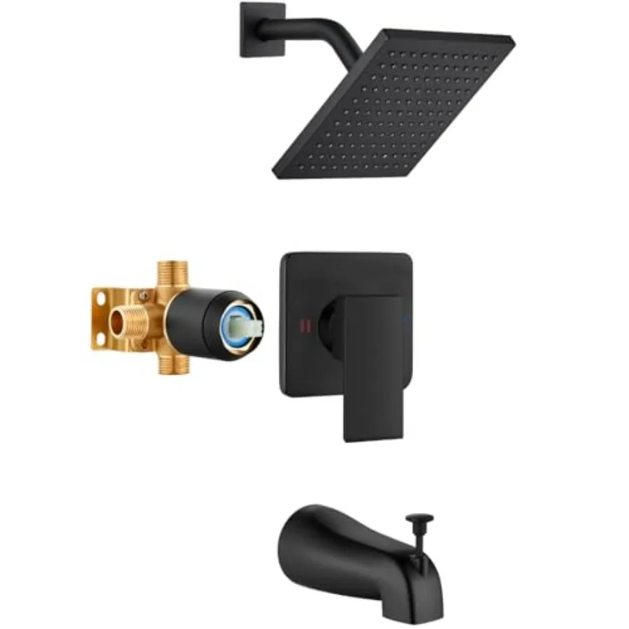 

Bathroom shower faucet set with tub spout and valve, matte black finish, 8-inch square rainfall shower head, single-handle bath
