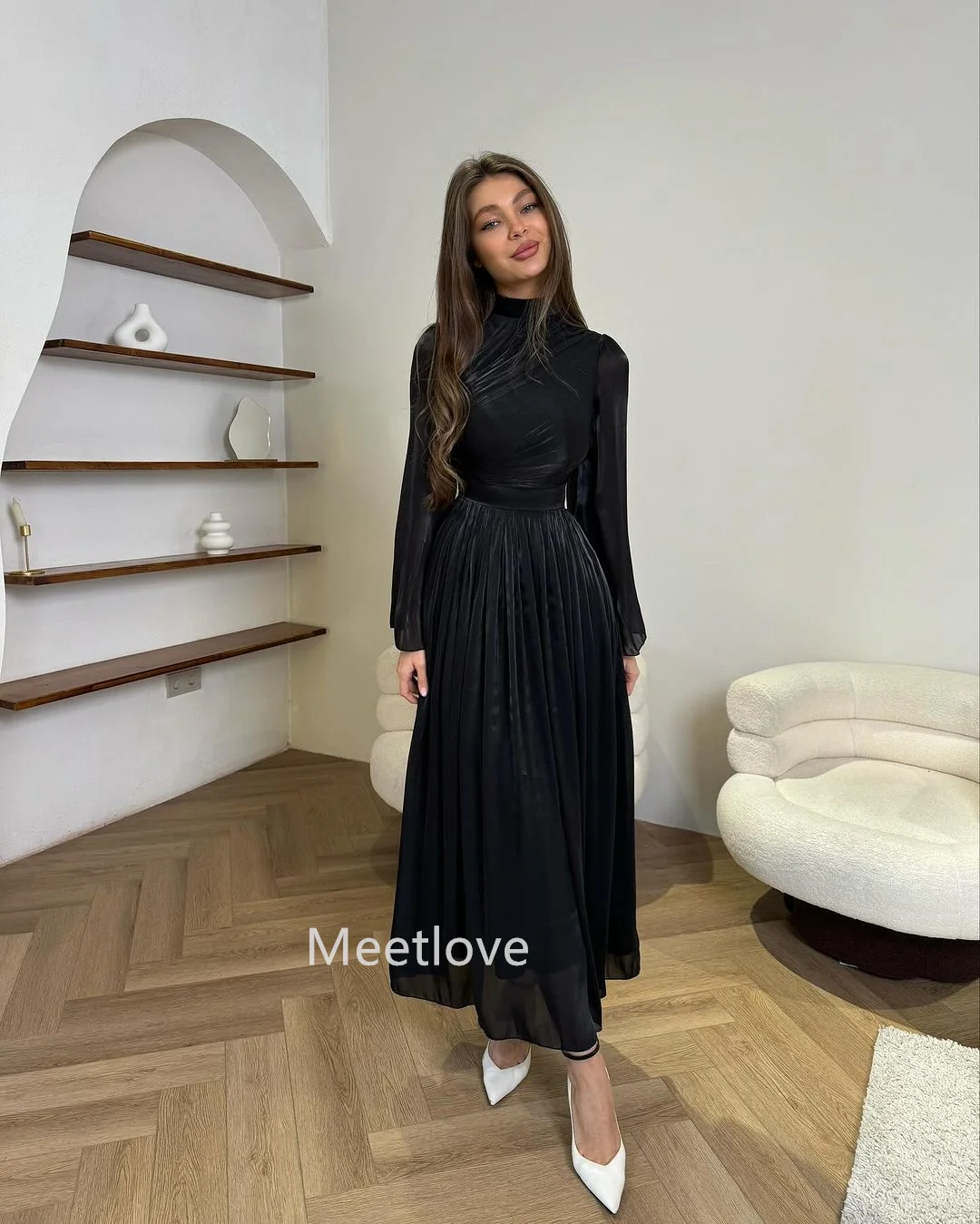 Meetlove-vestidos elegantes y hermosos para mujer, vestidos negros con cremallera, cuello en V, línea A, vestidos formales para ocasiones, vestidos de cóctel