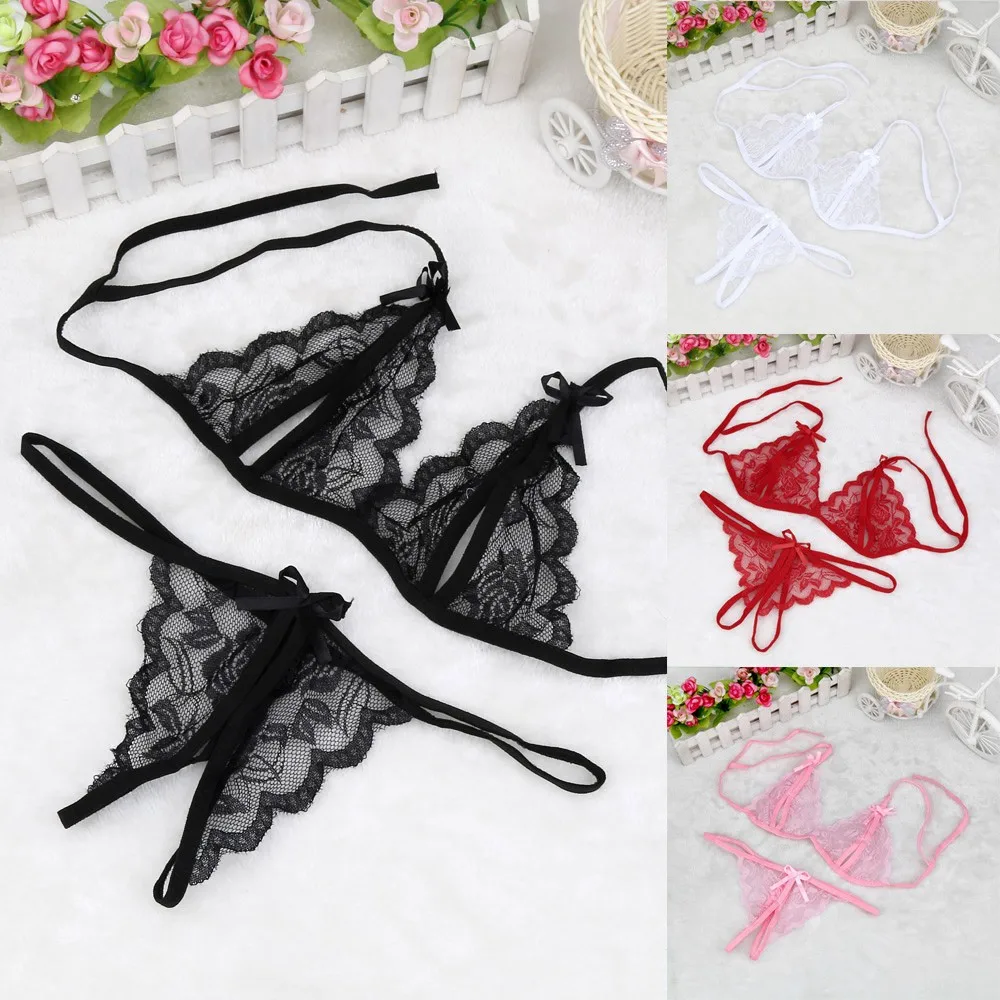 Sexy Lace Erotic Lingerie Embroidery Breathable Hollow Out Open Bra Panties Women\'s Underwear Two Piece Set Underwear Sleepwear