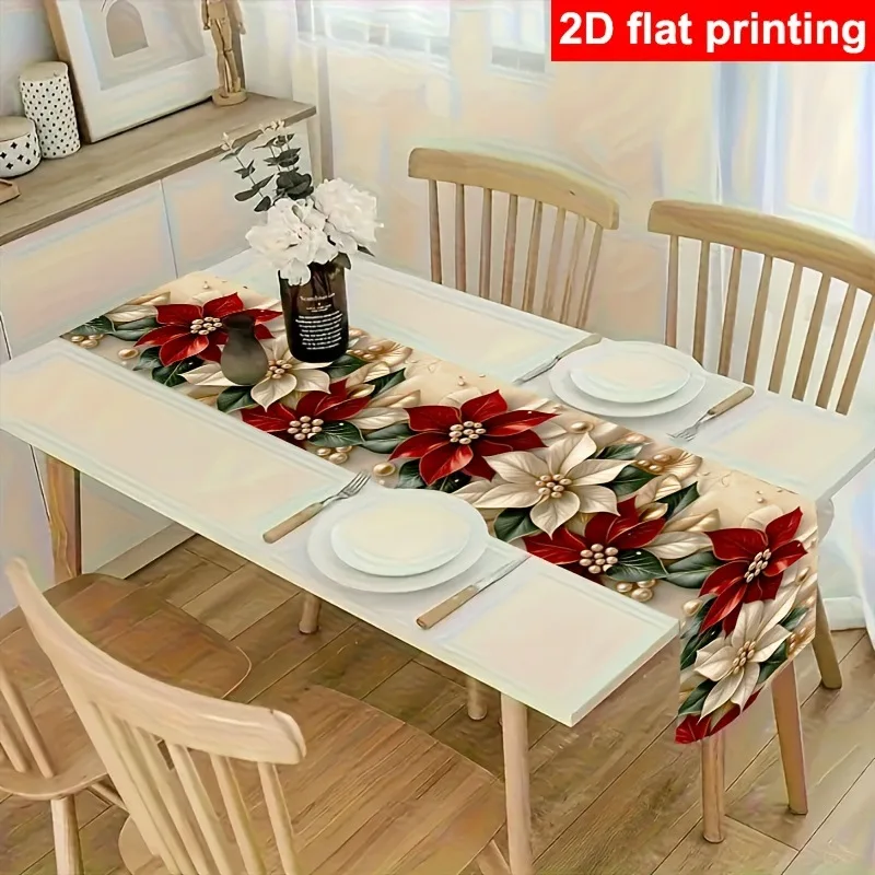 1-teiliger festlicher Tischläufer mit Weihnachtsmotiv, flacher roter Weihnachts-Tischläufer mit Blumenperlen, geeignet für festliche Tischdekoration