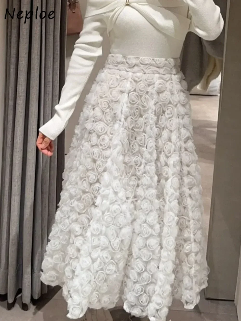 Neploe Fresh Elegant High Waist Women Skirt A-line Ball Gown Jacquard 3D Flower Faldas Japan Luxury Celebrity Harajuku Falda