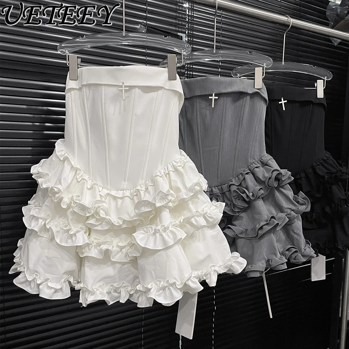 

European Station Fungus Edge Sleeveless High Waist Tub Dress Women's Design Spice Girl Party Fluffy Cake Short Dresses