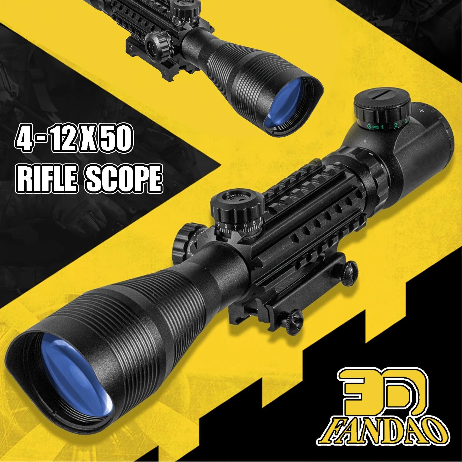 4-12x50 Rifle Scope Red &Green Dot Illuminated Rangefinder Reticle Adjustable Optical Slide-On Scope for Mounting Any 20mm Rifle