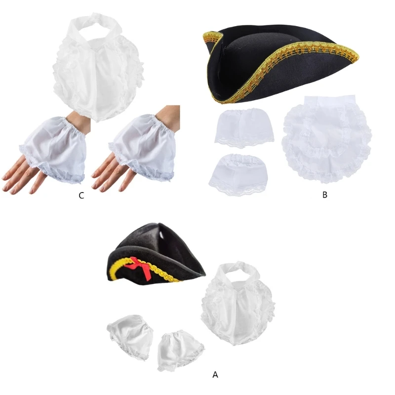 Black Pirate Hat Colonial Tricorn Hat with Gold Trimming White Cuffs Apron Set Halloween Costume Hat Funny Party Hat