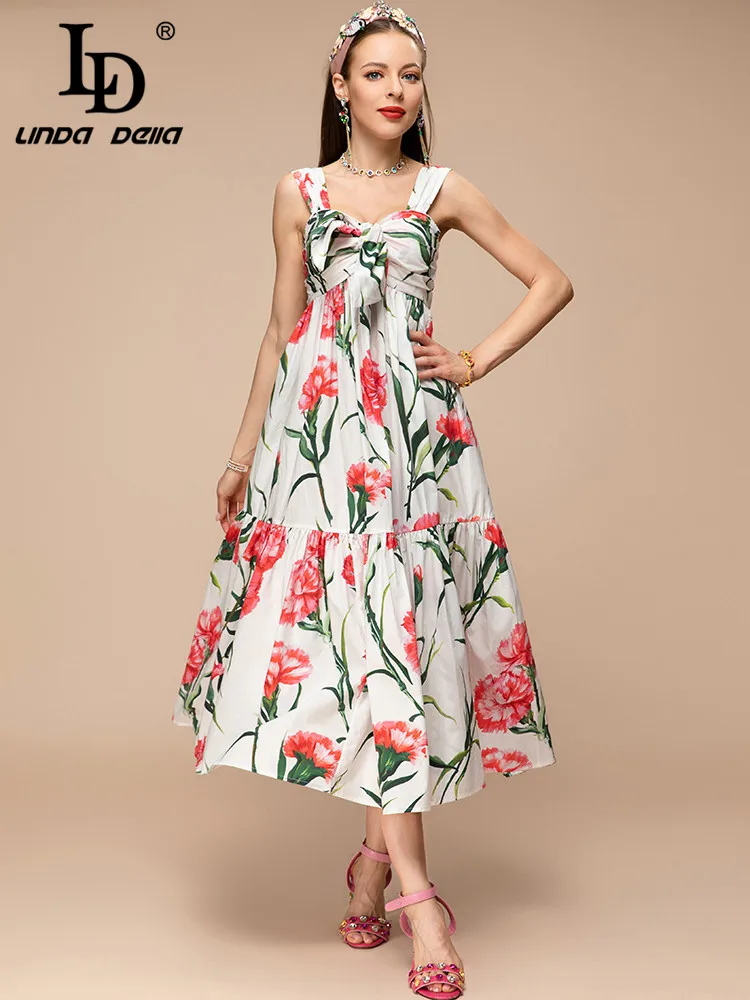 

LD LINDA DELLA New 2023 Summer Fashion Women Beach Party Spaghetti Strap Midi Dress Bow Square Collar Carnation Print Dresses