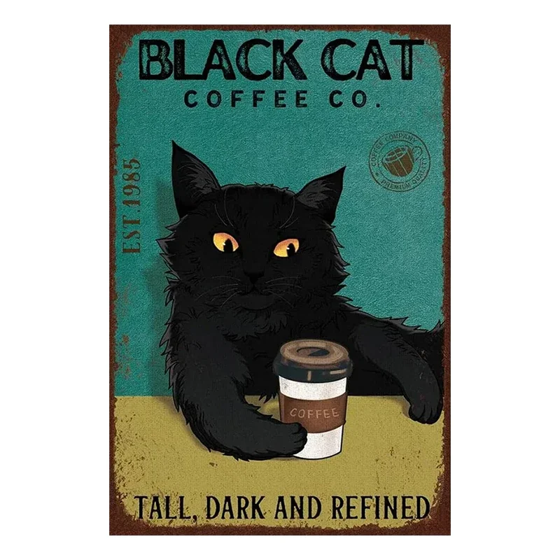 Fun Coffee Bar Sign Retro Cat Wall Art Decoration Black Cat Cafe Home Bar Wall Decoration Poster Aluminum Production