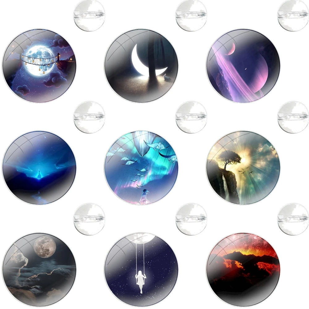 Glass Dome Brooches Shirt Lapel Bag Cute Badge Pins For Clothes Hat Accessories Glowing moon and sun tech