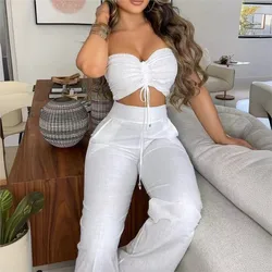 Sexy Women's 2-piece Sets Suit Spring Summer White Waistless Slim-fitting Bandeau Wide-leg Trousers Fashion Suit Women Clothing