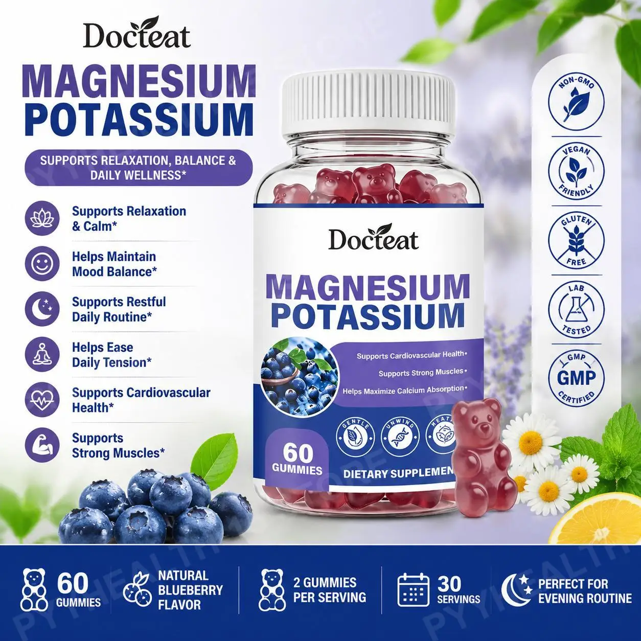 Docteat Magnesium Potassium Gummies for Relaxation and Calm Support with GABA L-Theanine Vitamin B6 Chamomile, 60 Gummies