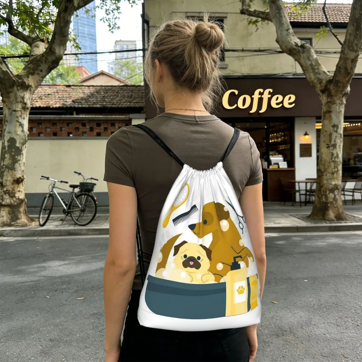 Dog Grooming Canine Pattern Backpacks Casual Drawstring Bundle Pocket Sports Bag Book Bags for Travel School
