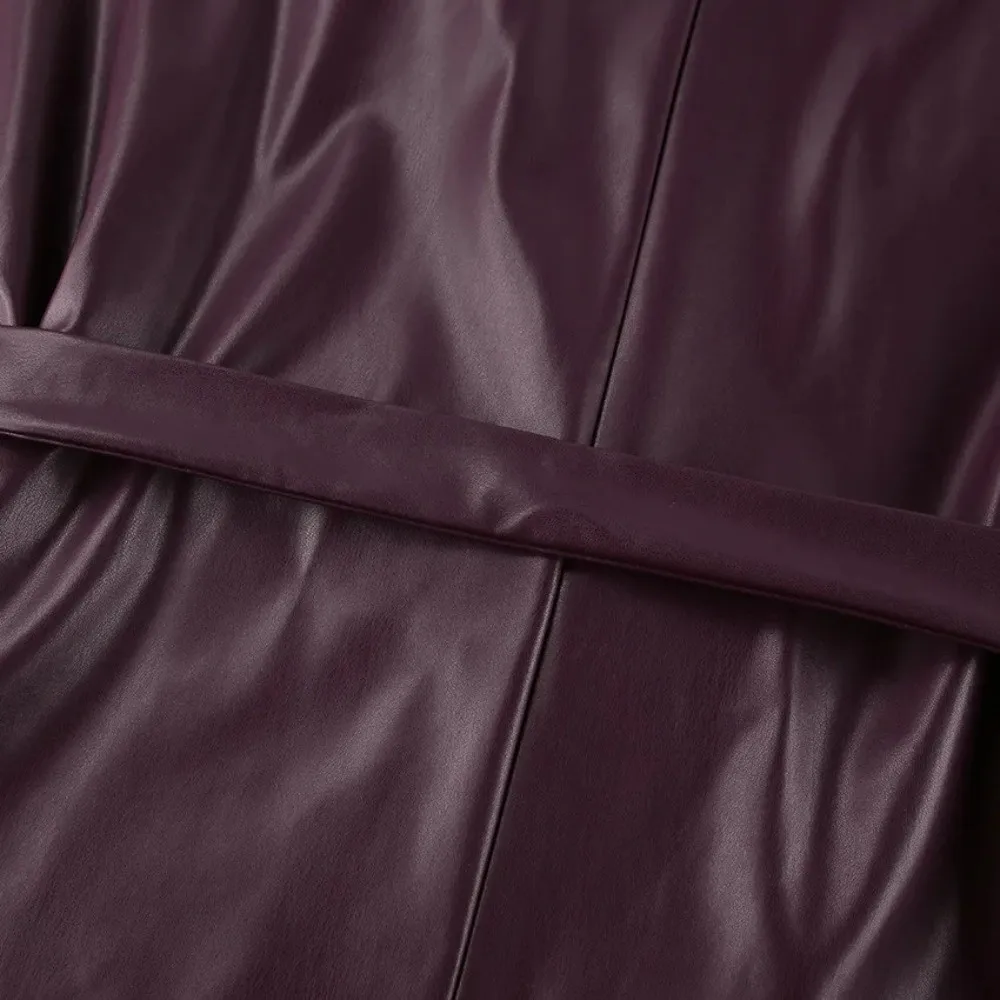 Vintage Leather Jacket Garment Stand Collar Mid Length Cut Women Fashion Top Tie Waist Frame Cool Street Style Moto Outer Coat