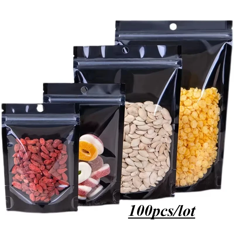 

100PCS Food Grade Black Clear Front Transparent Plastic Aluminum Foil resealable Mylar StandUp pouch Custom Food Bag With Window