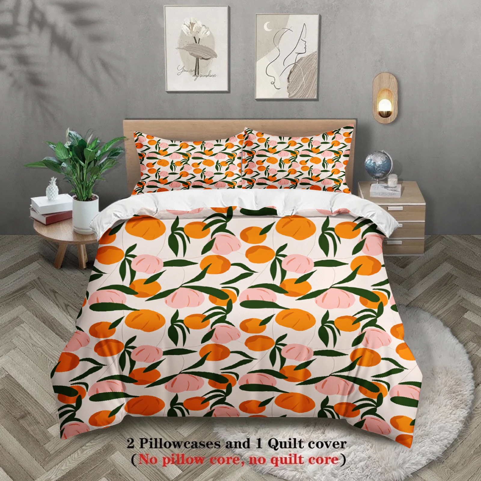 Fruit Pattern Bedding Set White Orange And Pink Peach Print Bedding With Duvet Cover & Pillowcases For Bedroom