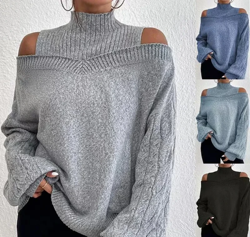 

Autumn/Winter New Off-The-Shoulder Half Polo/Turtle Neck Sweater Women's Loose Fit Large Size Cross-Border Knitted Top