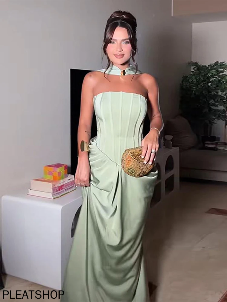 Strapless Waist Cinching Dress Scarf Style Fishbone Slim Fit Silk Texture Evening Gown Neck Hanging Pleated Women Long Dresses