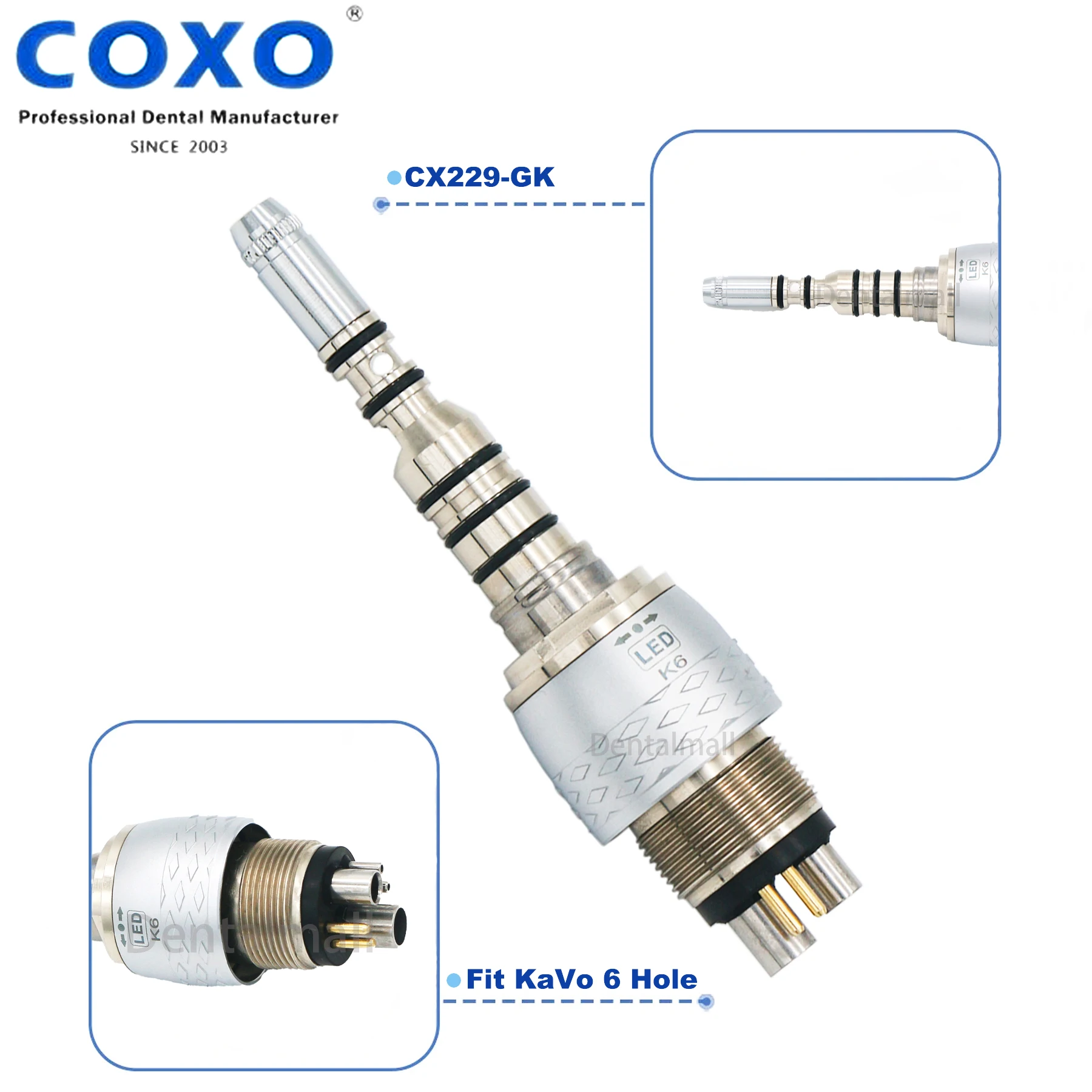 

COXO Dental CX229-GK Светодиодная оптоволоконная муфта с 6 отверстиями, подходит для волоконно-оптических наконечников в стиле Kavo