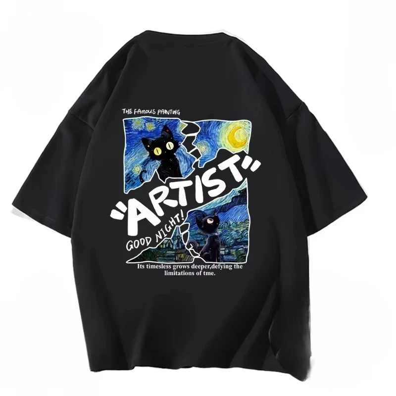 

Летняя спортивная хлопковая непроницаемая футболка с короткими рукавами и рисунком Ван Гога, звездное небо, белый кот High Street для мужчин и женщин