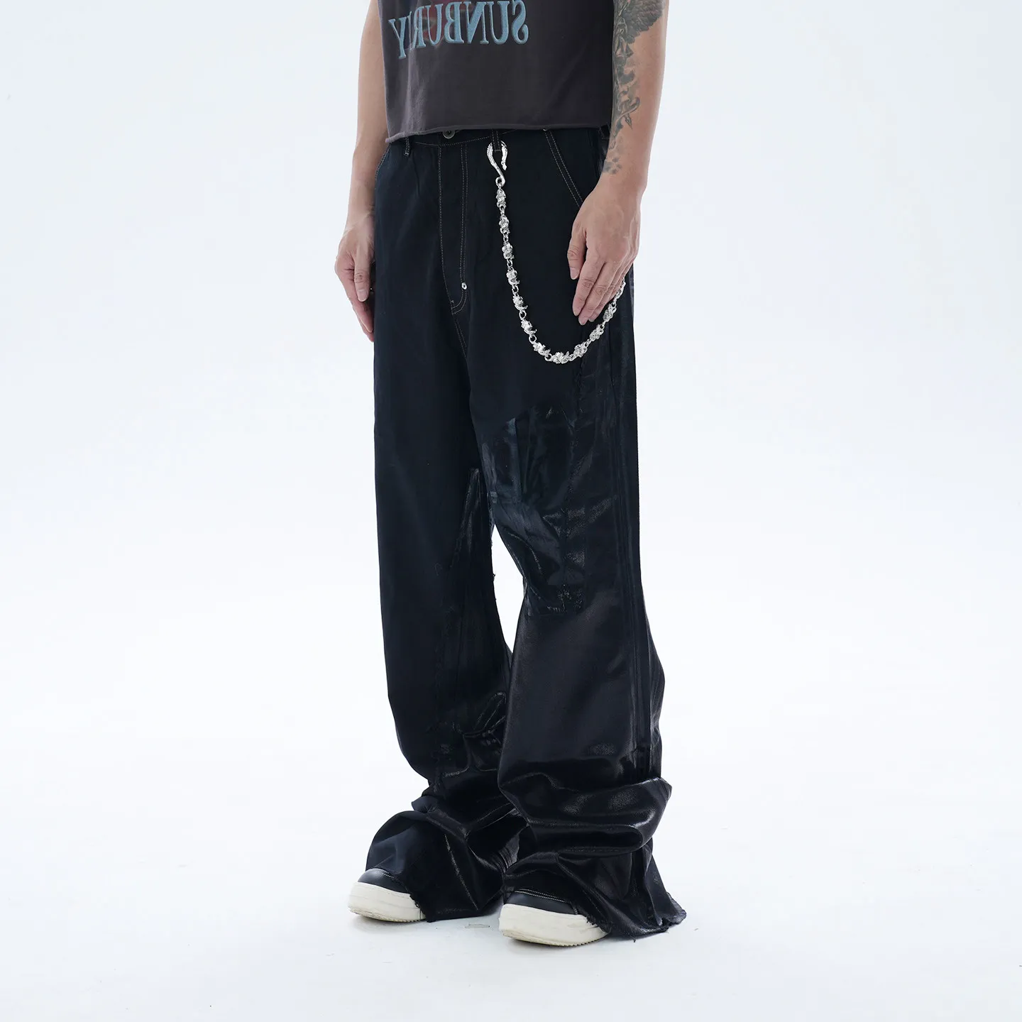 Fashion American Retro Visual Deconstruction Stitching Brush Wax Burr Mop Horn Jeans for Men