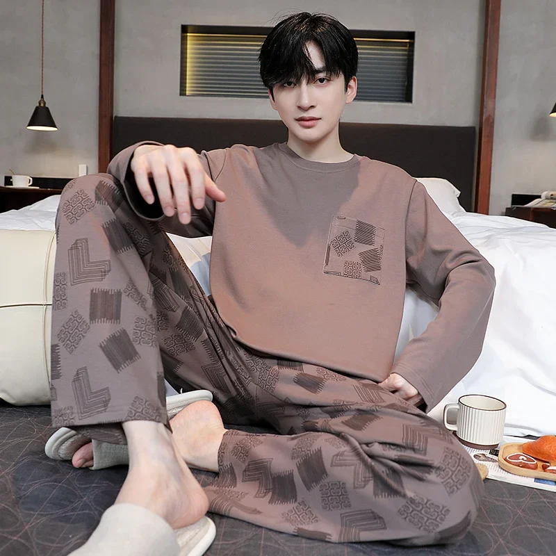 Korean Cotton Long Sleeve Sleepwear For Men Simple Youthful Home Clothes Two-piece Suit Comfortable Sleeping Shirt Autumn Spring