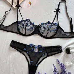 Conjunto de lencería transpirable con bordado Floral para mujer, Tanga de malla Sexy transparente, sujetador de malla ultrafino romántico, sujetador sin forro