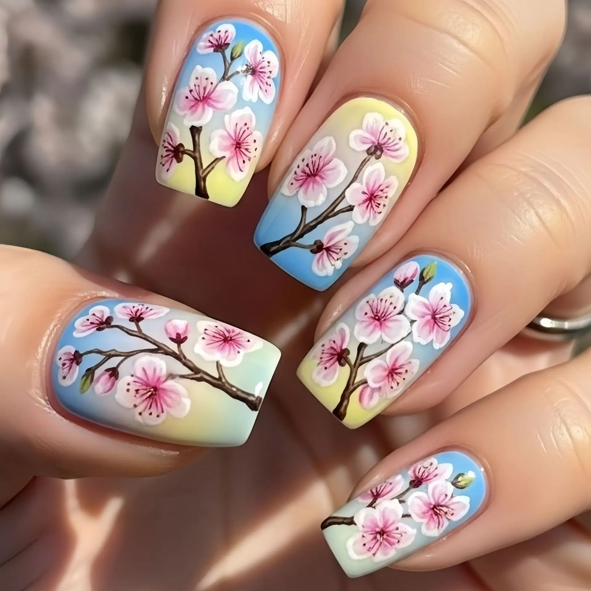 Uñas postizas medianas para mujeres y niñas, diseño de mariposa de flores rosas para la temporada de primavera y verano, puntas de uñas cuadradas prensadas en uñas postizas