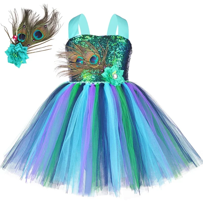 Flower Feathers Girls Peacock Tutu Dress Kids Tulle Princess Peacock Costume for Girls Pageant Halloween Birthday Party Gown