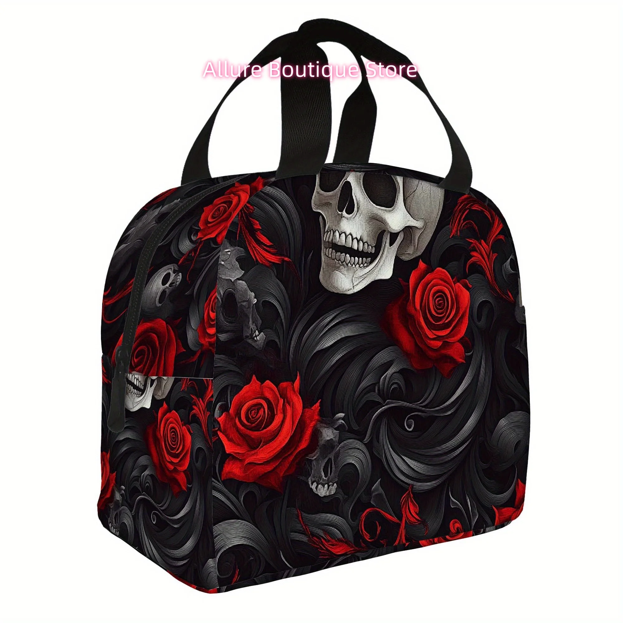 1pc, Skulls, Roses Dark Gothic Art Printed Thermal Bag Insulated Lunch Tote for Home Restaurant Office Unisex Portable Reusable