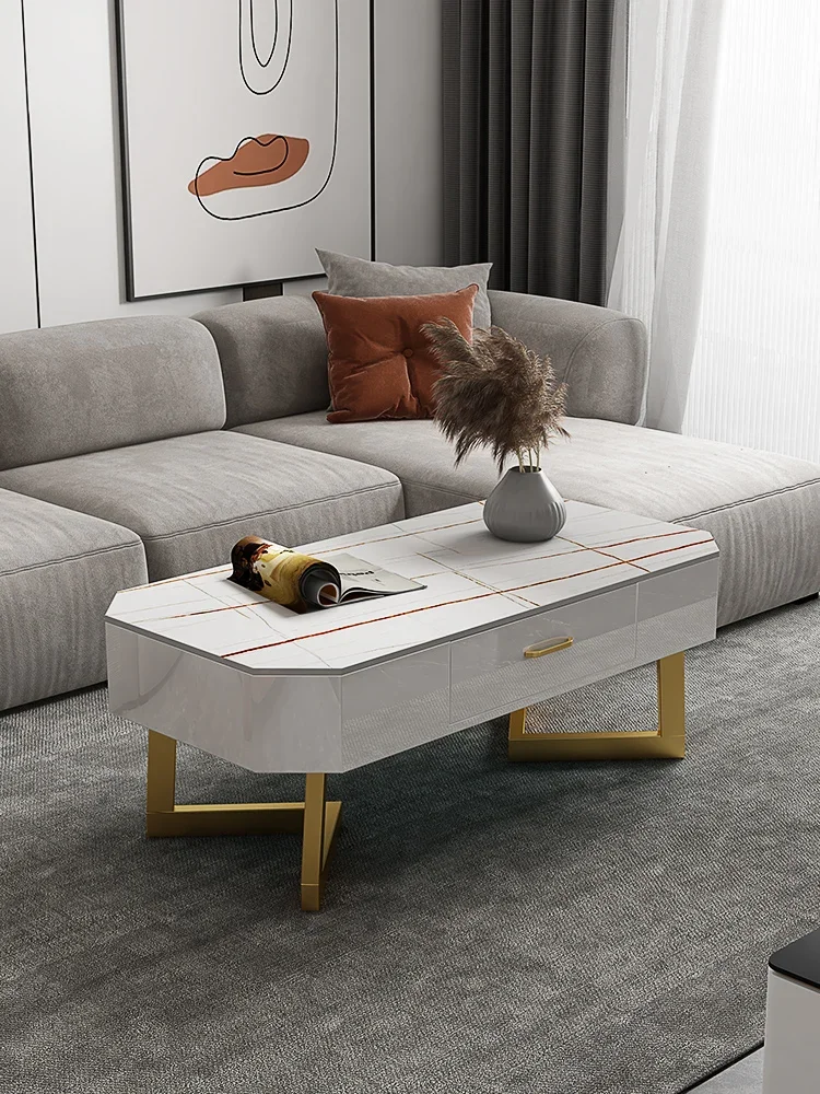 Rock board coffee table, small unit, modern and simple sofa, long side table, casual and luxurious, double drawer, net red livin