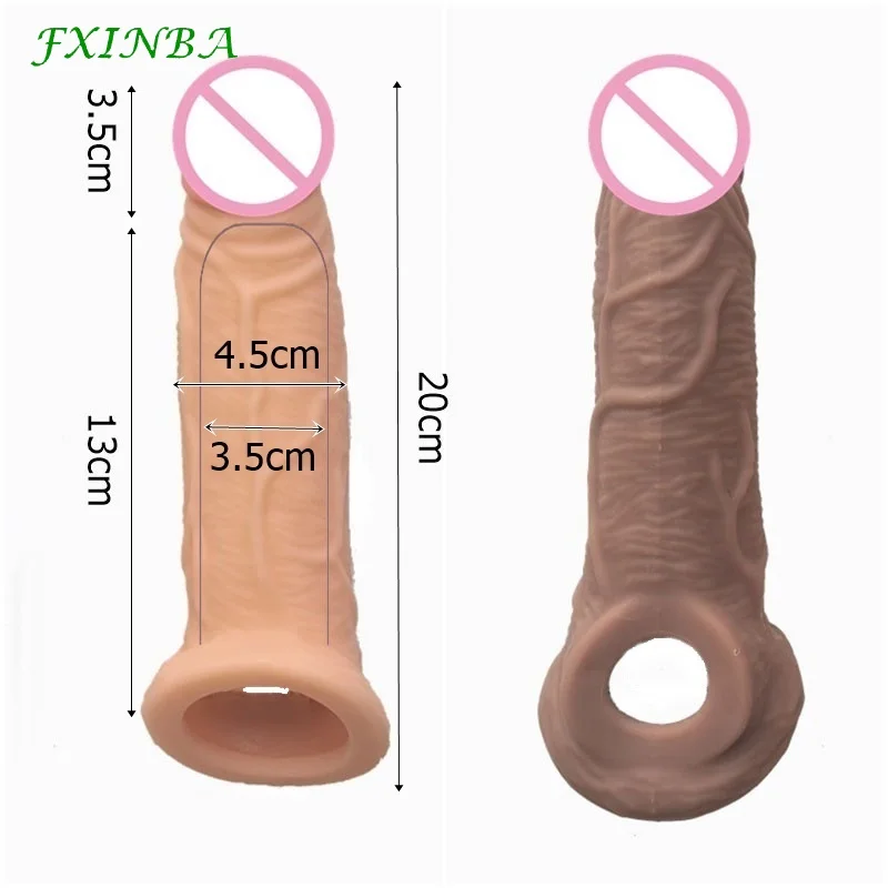 FXINBA جديد 20 سنتيمتر كبير واقعية القضيب موسع كم الذكور قابلة لإعادة الاستخدام Comdom تأخير الجنس لعب للرجال القضيب كم ديك المكبر