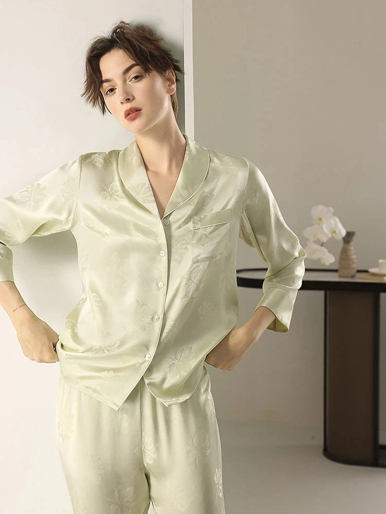 100% Mulberry Silk Women's Pajamas Solid Color Lapel Button Cardigan & Pants Luxury Sleepwear 2pcs Set Elegant Pijama Loungewear
