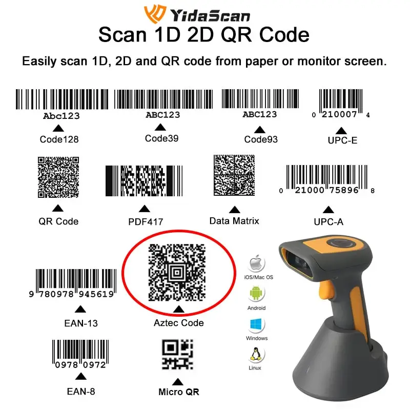 4800MAH Barcode Scanner Rugged IP65 1D/2D/QR Wireless Bluetooth 3-in-One YidaScan Barcode Reader for Inventory Management Window