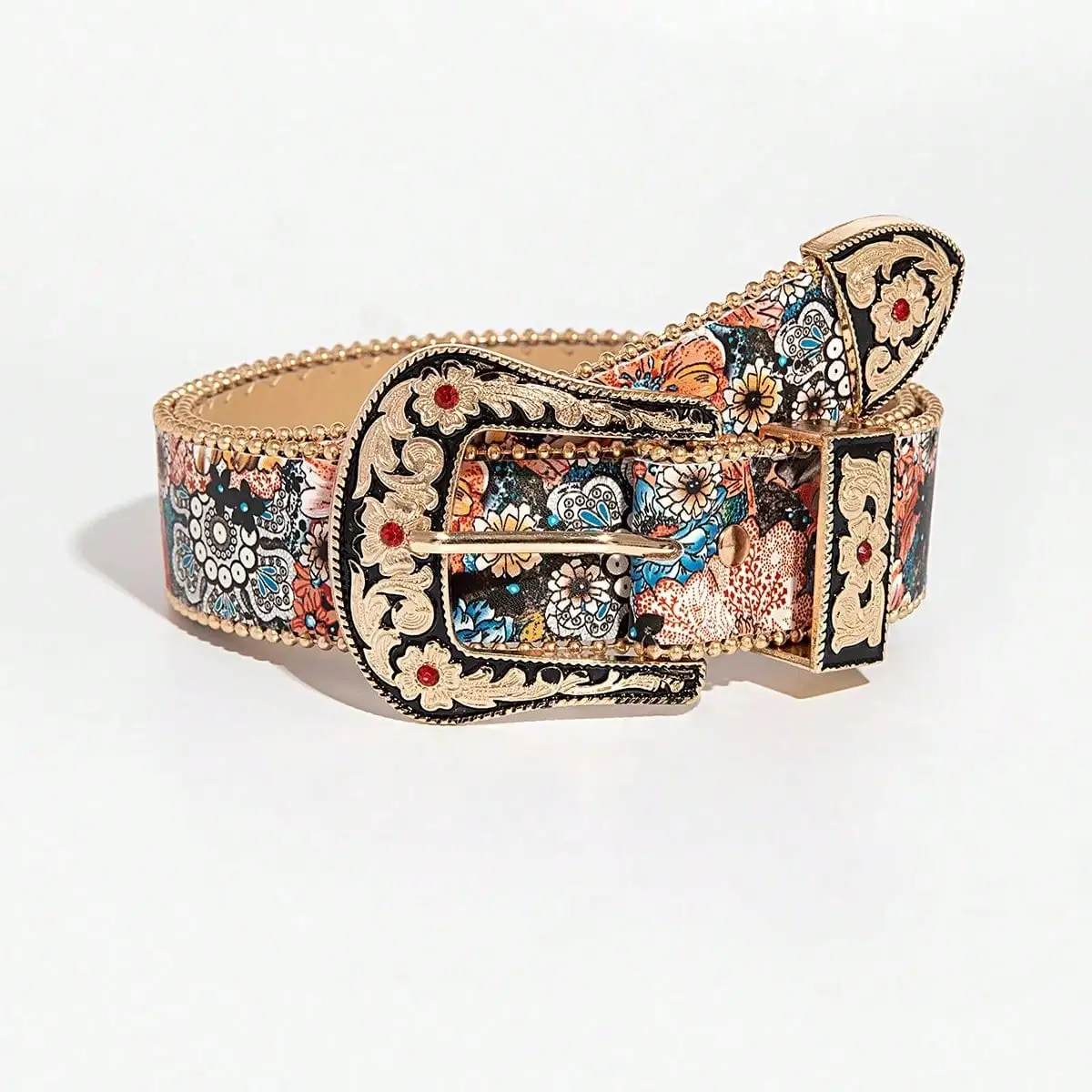 1pc Women's Palace-style Light Luxury Gem Metal Buckle Multi-color Flower Print Belt, A Versatile Decorative Belt for Jeans