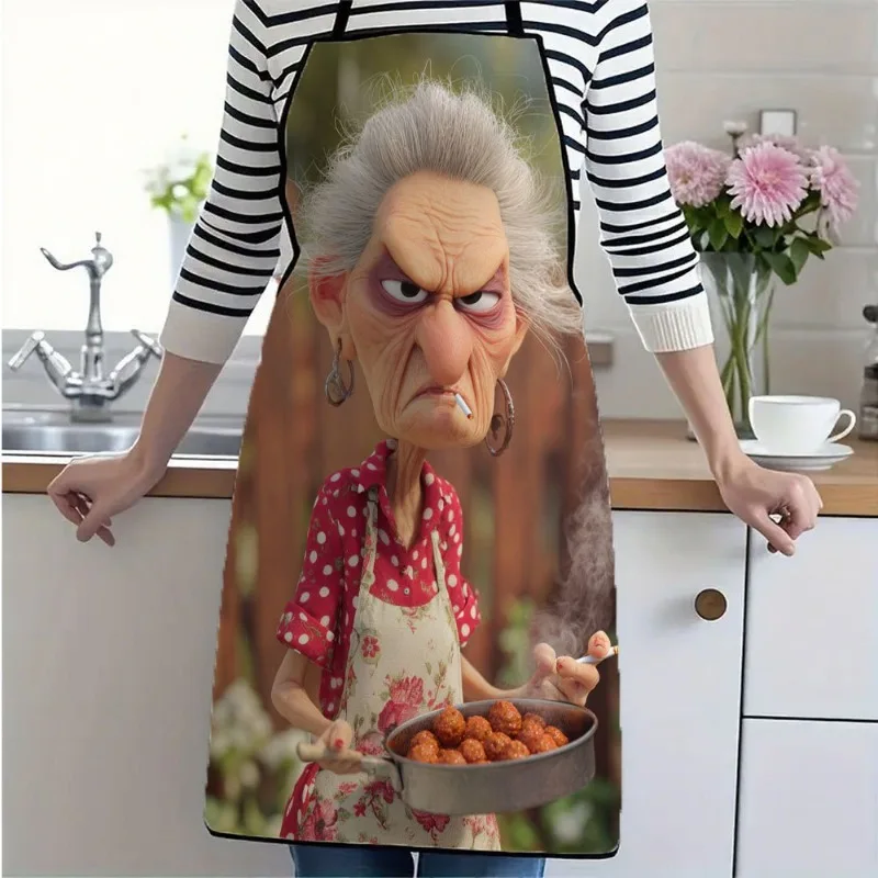 Apron with A Design of An Irate Elderly Woman Cooking While Smoking, Made From Durable Polyester. This Stylish Digital Print