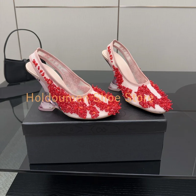 

Summer New Beaded Inlay Round Toe Slip On Strange Style Heel Sandals Ethnic Style Bridal Wedding Shoes Women's Muller Sandals