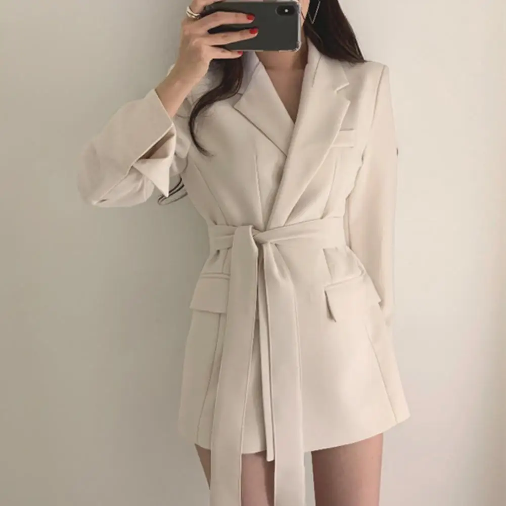 Solid Color Suit Coat Elegant Lace-up Waist Suit Jacket for Business Outwear with Flap Pockets Lapel Mid-length Solid for Spring