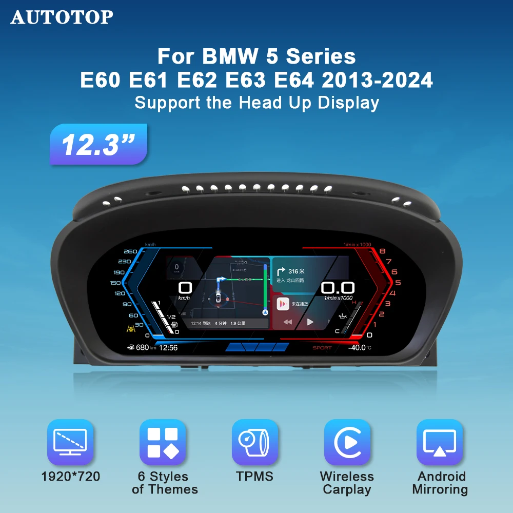 

AUTOTOP 12.3" Odometer Speedometer Dashboard Gauge for BMW 5 Series E60 E61 E62 E63 E64 2013-2024,Wireless CarPlay Navigation