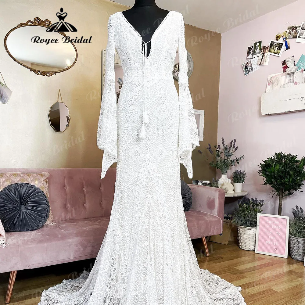 Abito da sposa Vintage a maniche lunghe con scollo a V in pizzo a sirena Boho per la sposa 2024 abito da sposa senza schienale abito sirene mariage abito sposa